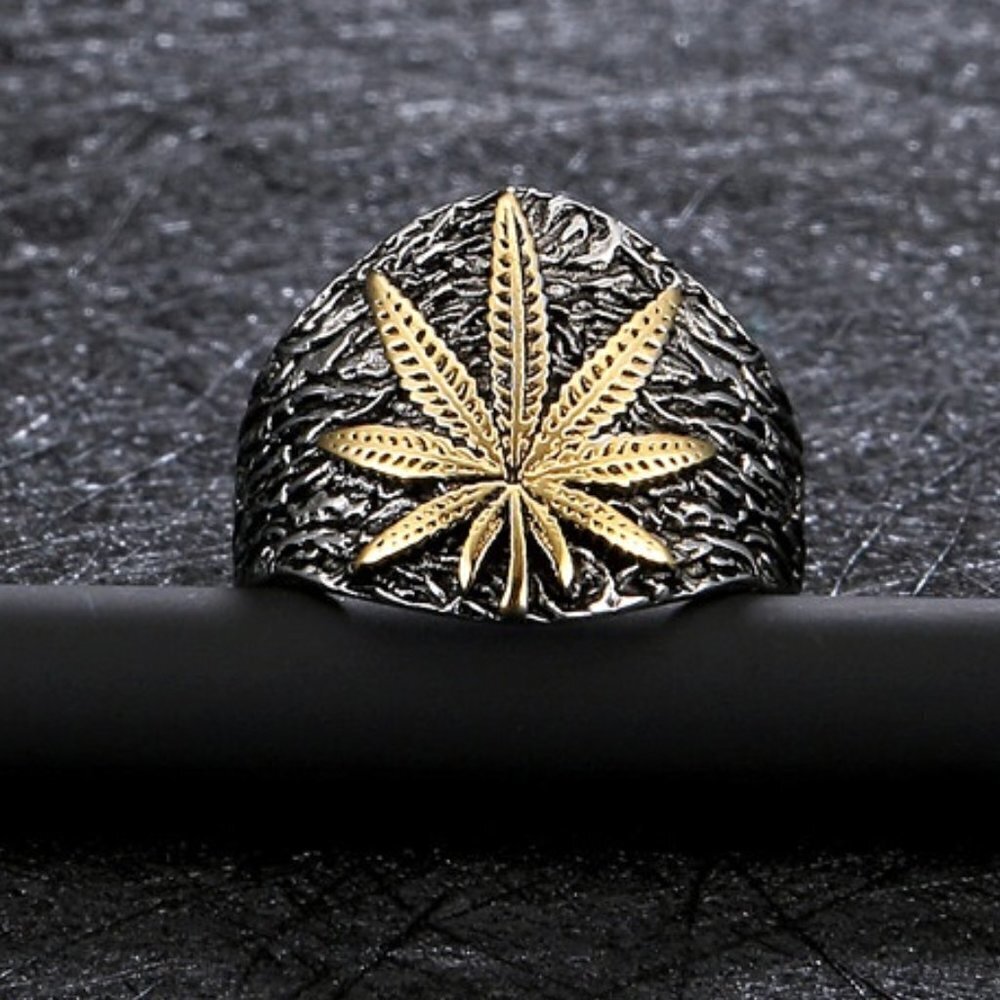 "Two Tone Retro Leaf Hip Hop Carved Black Ring, FB16FA1119